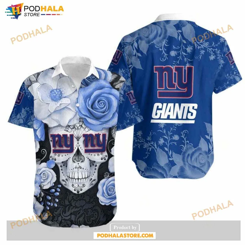 New York Giants Skull Hawaiian Shirt With Floral Design For Fans