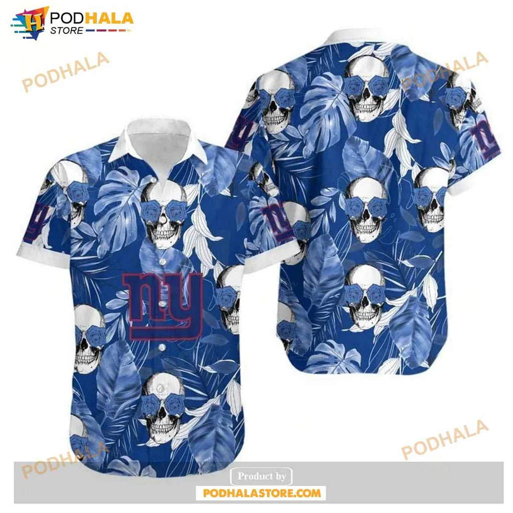New York Giants Tropical Hawaiian Shirt With Coconut Leaves And Skulls
