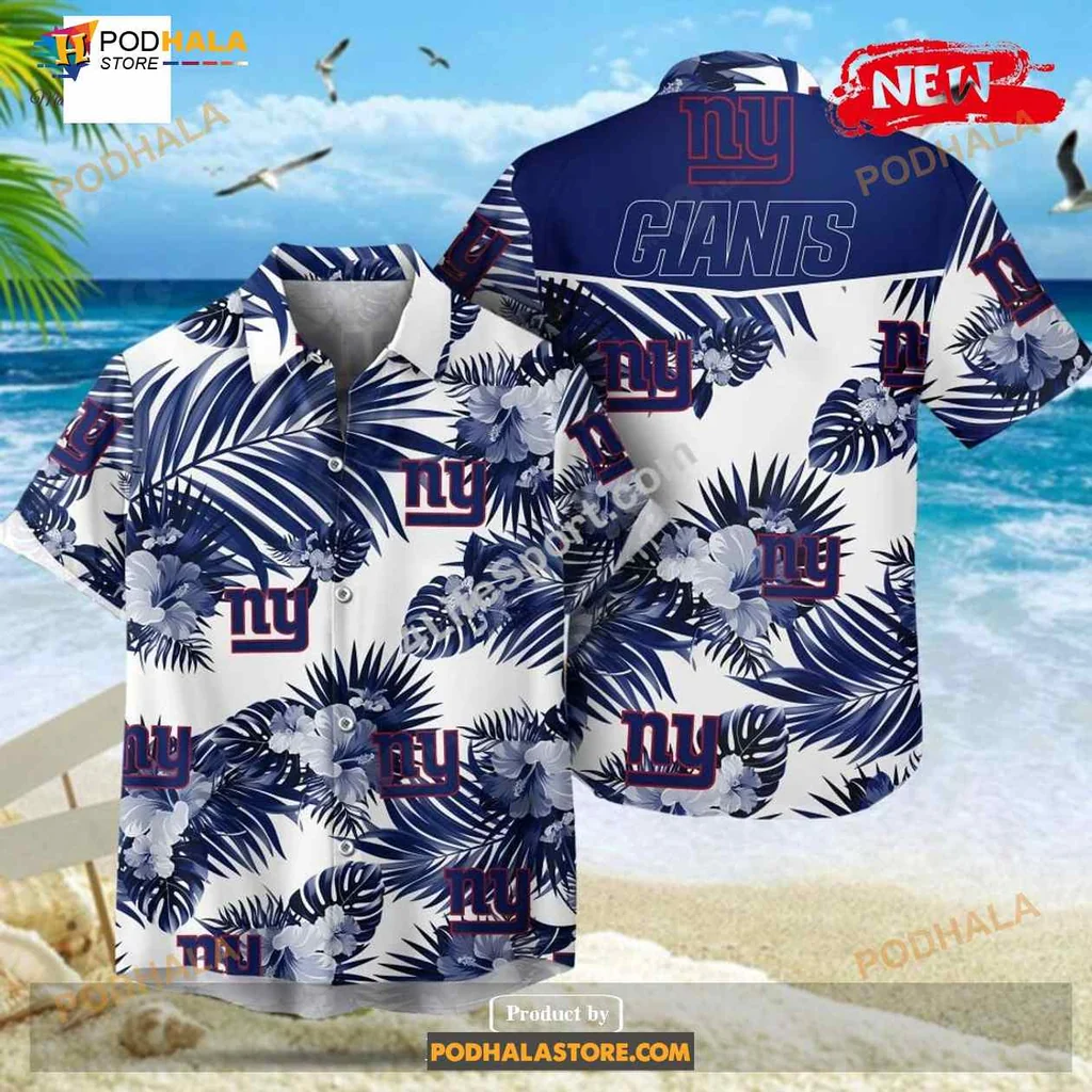 New York Giants Tropical Hawaiian Shirt With Palm Leaves And Flowers