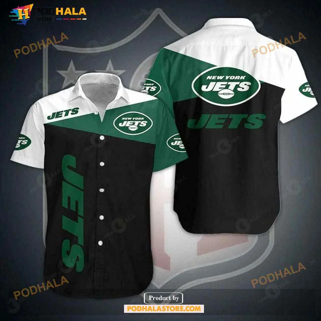 New York Jets Aloha Shirt, Bold Green And Black Tropical Design