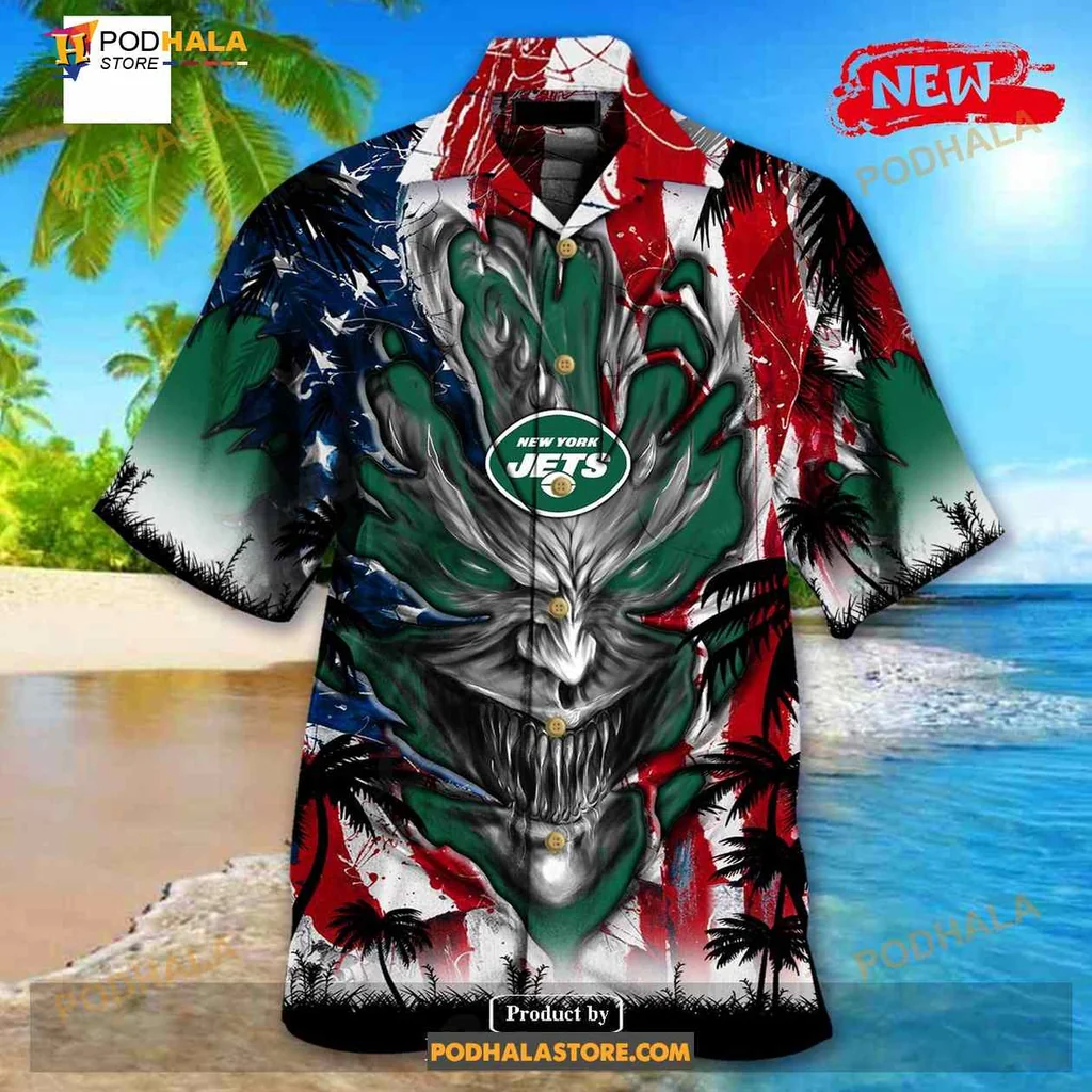 New York Jets Demon Face Hawaiian Shirt With Us Flag Design