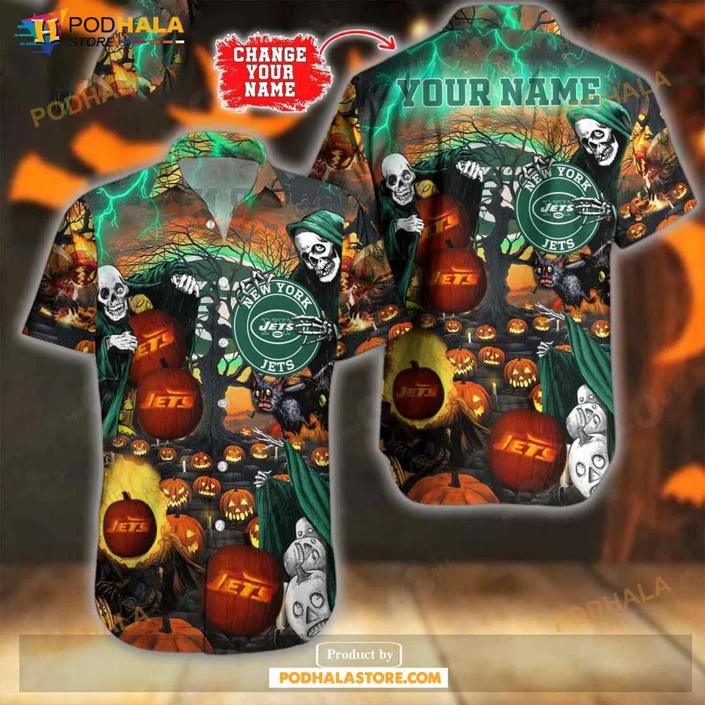 New York Jets Halloween Hawaiian Shirt Featuring Skeleton Design