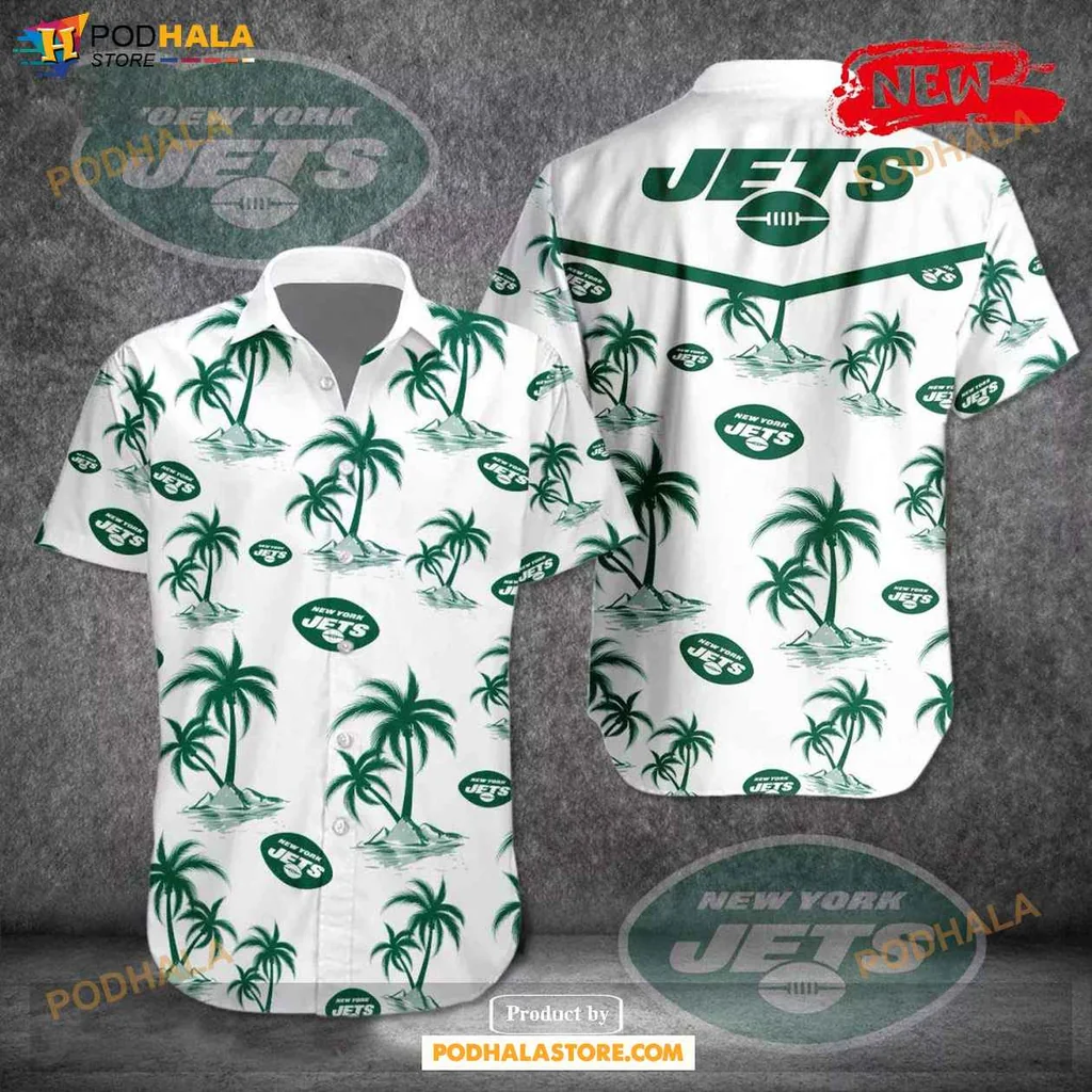 New York Jets Hawaiian Shirt, Tropical Coconut Design With Palm Trees