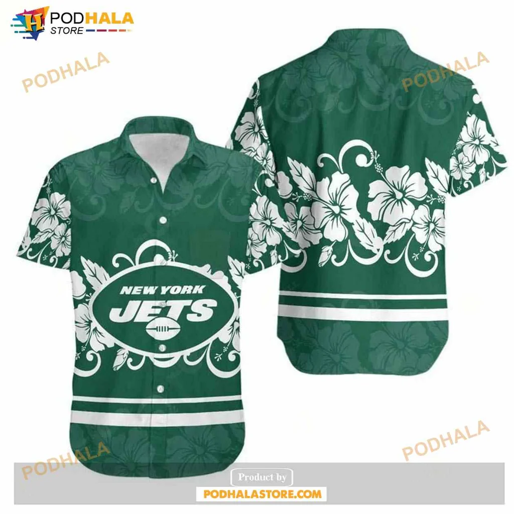 New York Jets Hawaiian Shirt With Hibiscus Flowers And Football Graphic