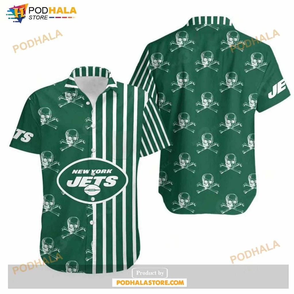 New York Jets Hawaiian Shirt With Stripes And Skull Design