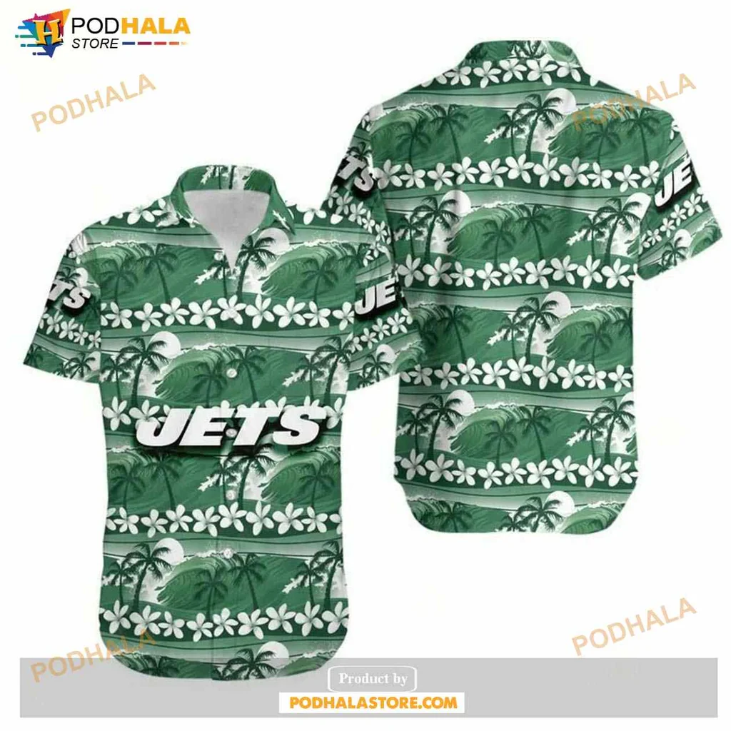 New York Jets Hawaiian Shirt With Tropical Coconut Trees And Hibiscus Flowers
