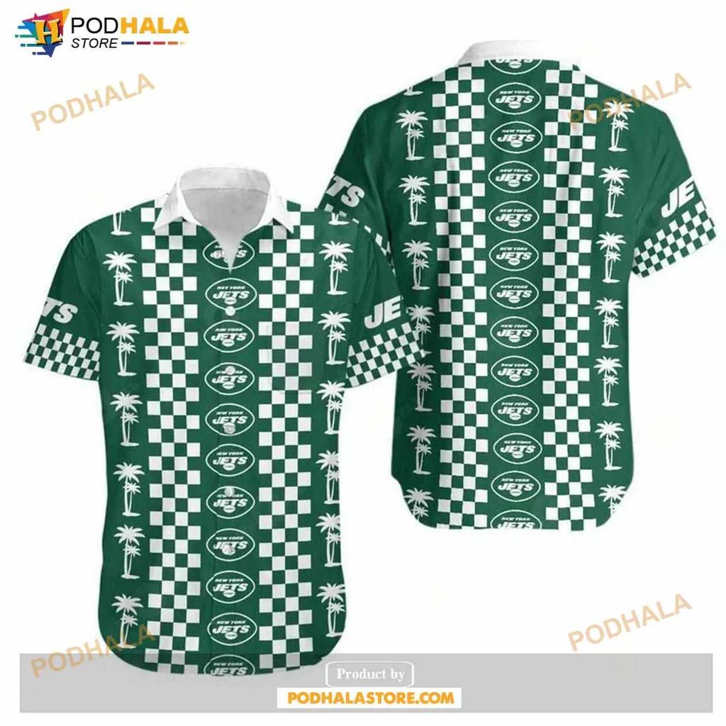 New York Jets Hawaiian Shirt With Tropical Palm Trees And Checkered Design