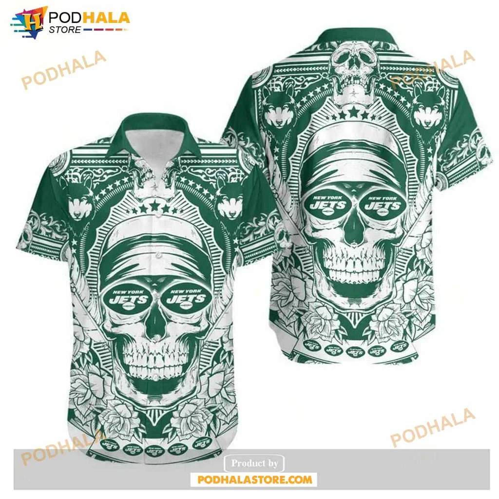 New York Jets Skull Hawaiian Shirt With Floral Designs For Nfl Fans