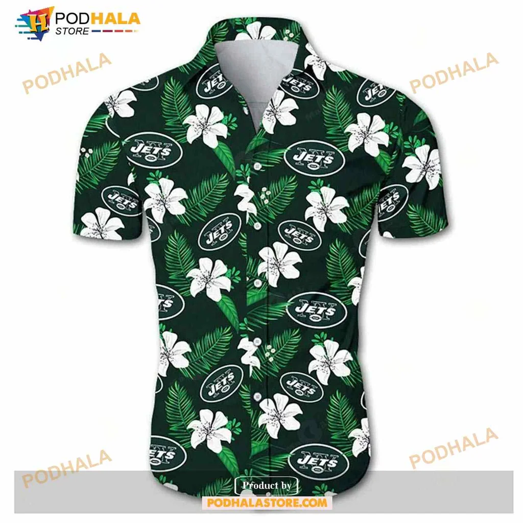 New York Jets Tropical Hawaiian Shirt With Hibiscus Flowers And Palm Leaves