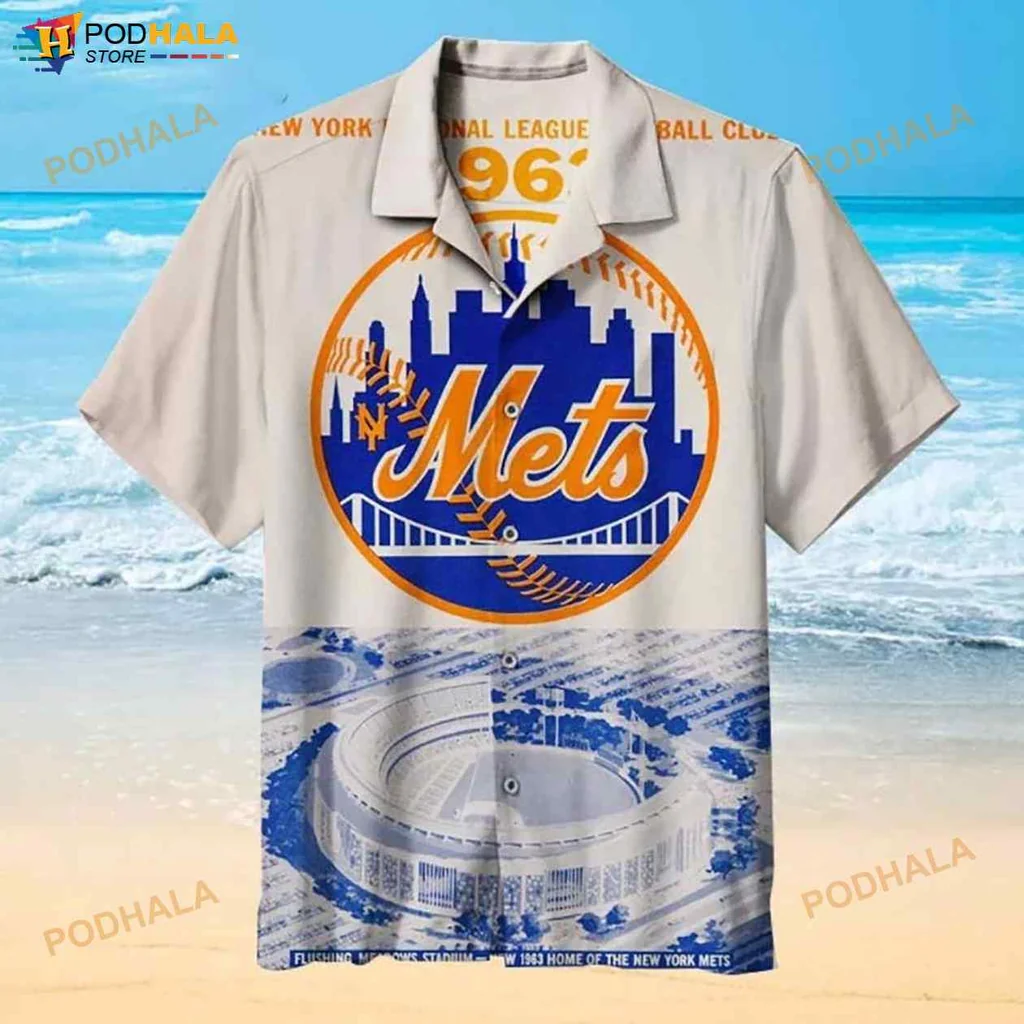 New York Mets Hawaiian Shirt, Bold Orange Team Name And Stadium Design