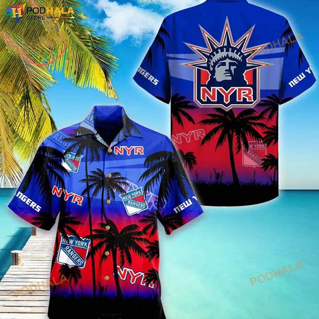 New York Rangers Hawaiian Shirt With Palm Trees And Statue Of Liberty