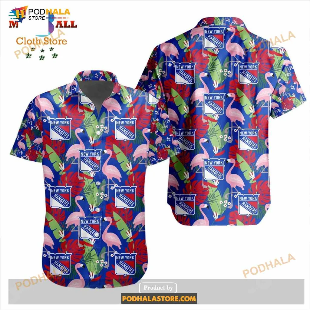 New York Rangers Tropical Aloha Shirt With Colorful Flamingo Design New York Rangers Tropical Aloha Shirt With Colorful Flamingo Design