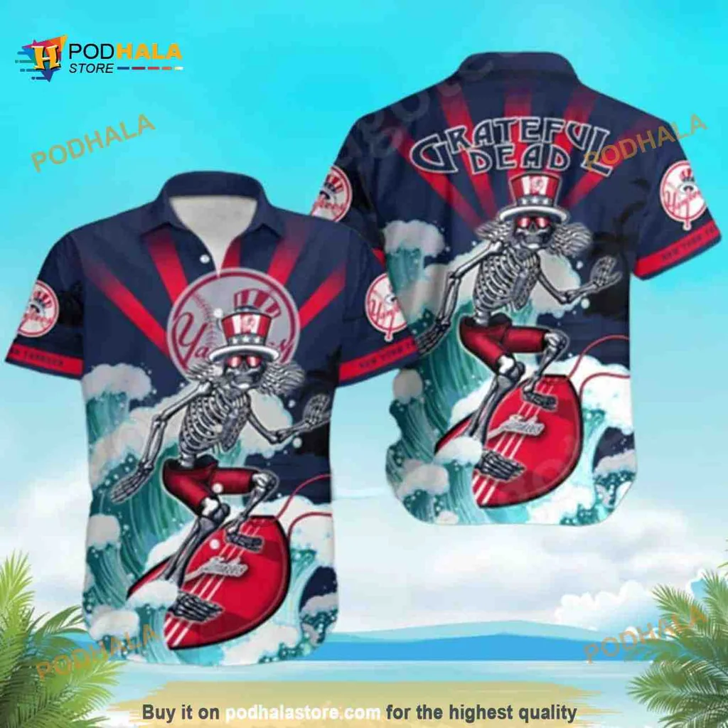 New York Yankees Grateful Dead Hawaiian Shirt With Surfing Skeleton Design