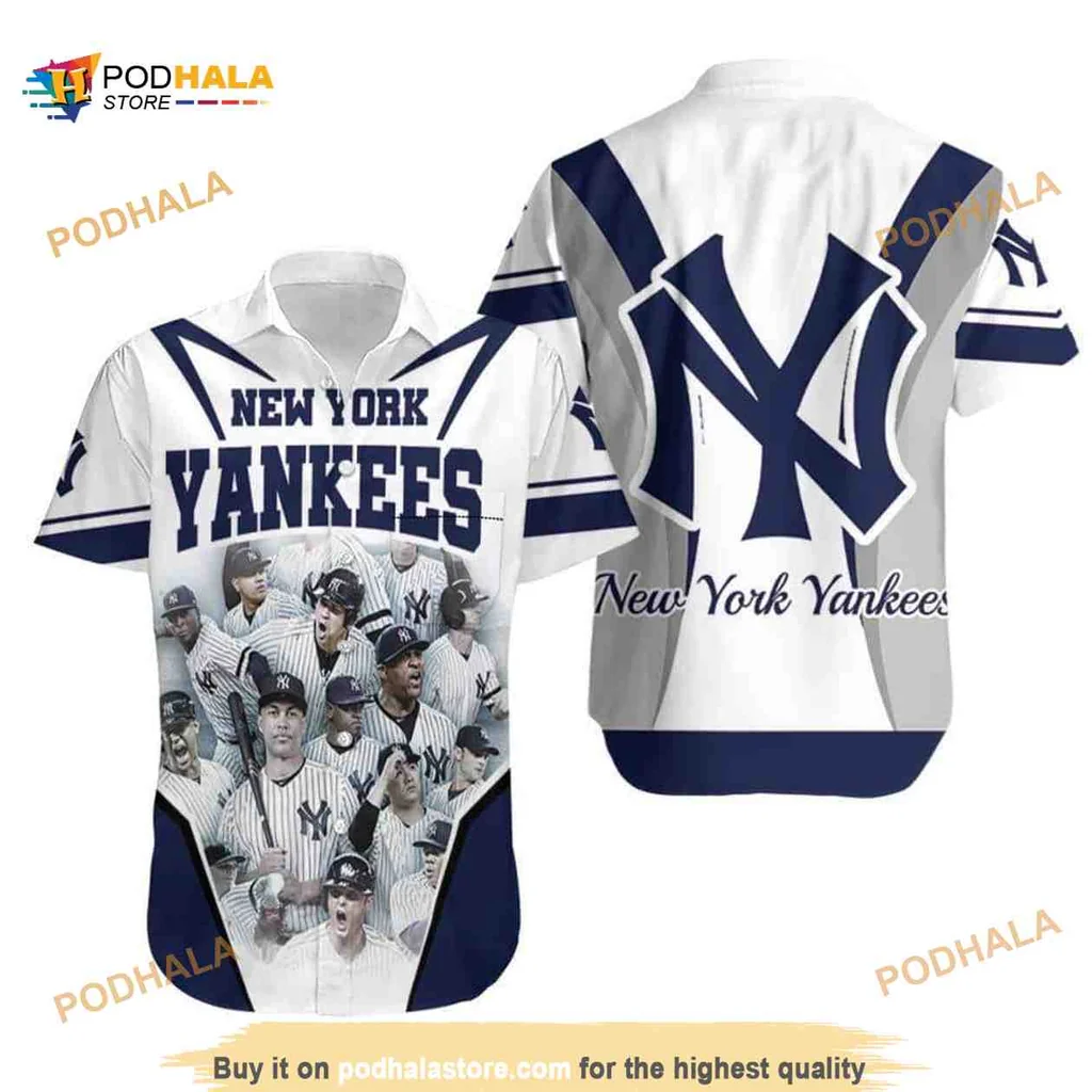 New York Yankees Hawaiian Shirt Featuring Team Logo And Player Collage