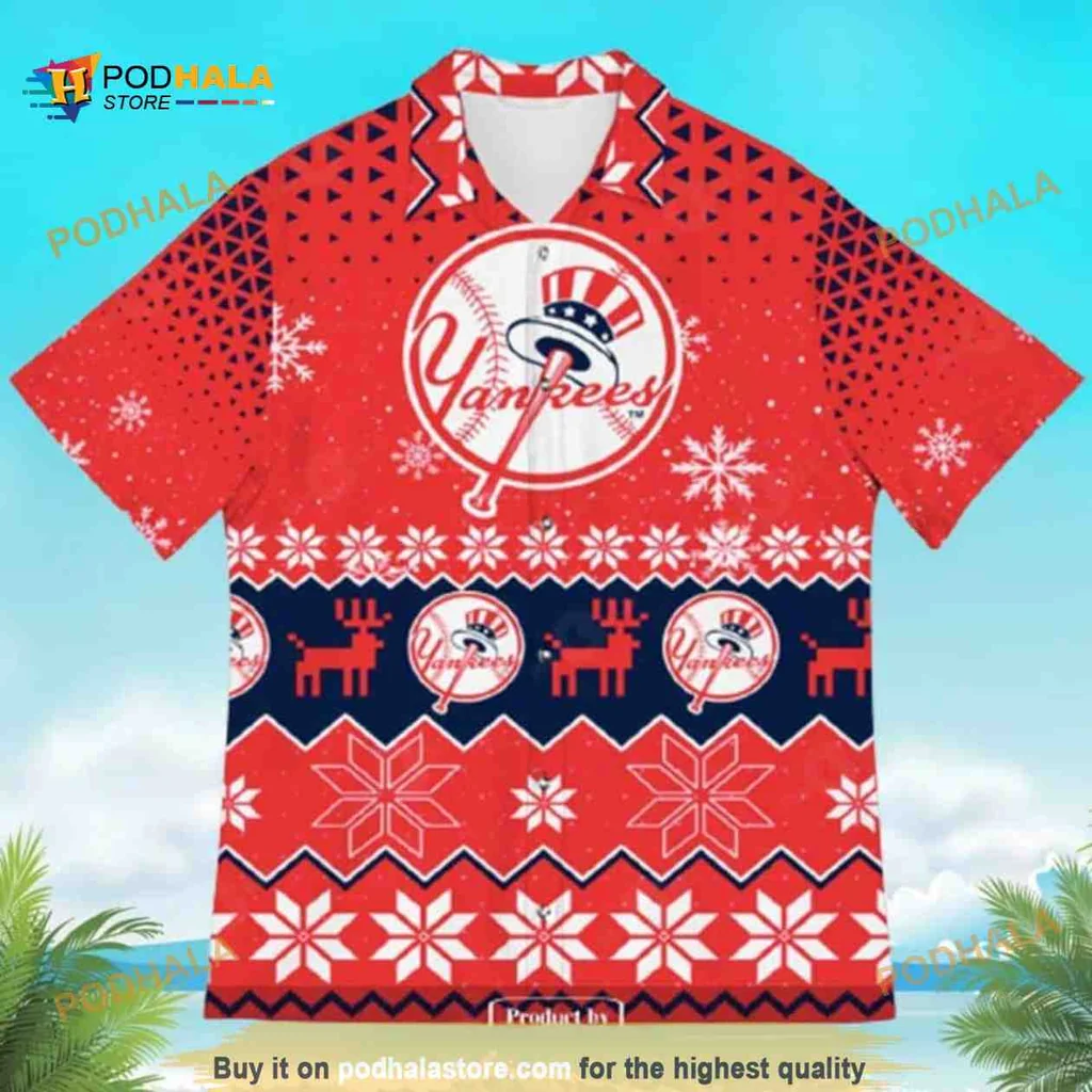 New York Yankees Holiday Aloha Shirt With Snowflakes And Reindeer