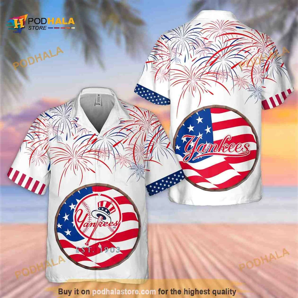 New York Yankees Patriotic Hawaiian Shirt, Fireworks Design For Fans