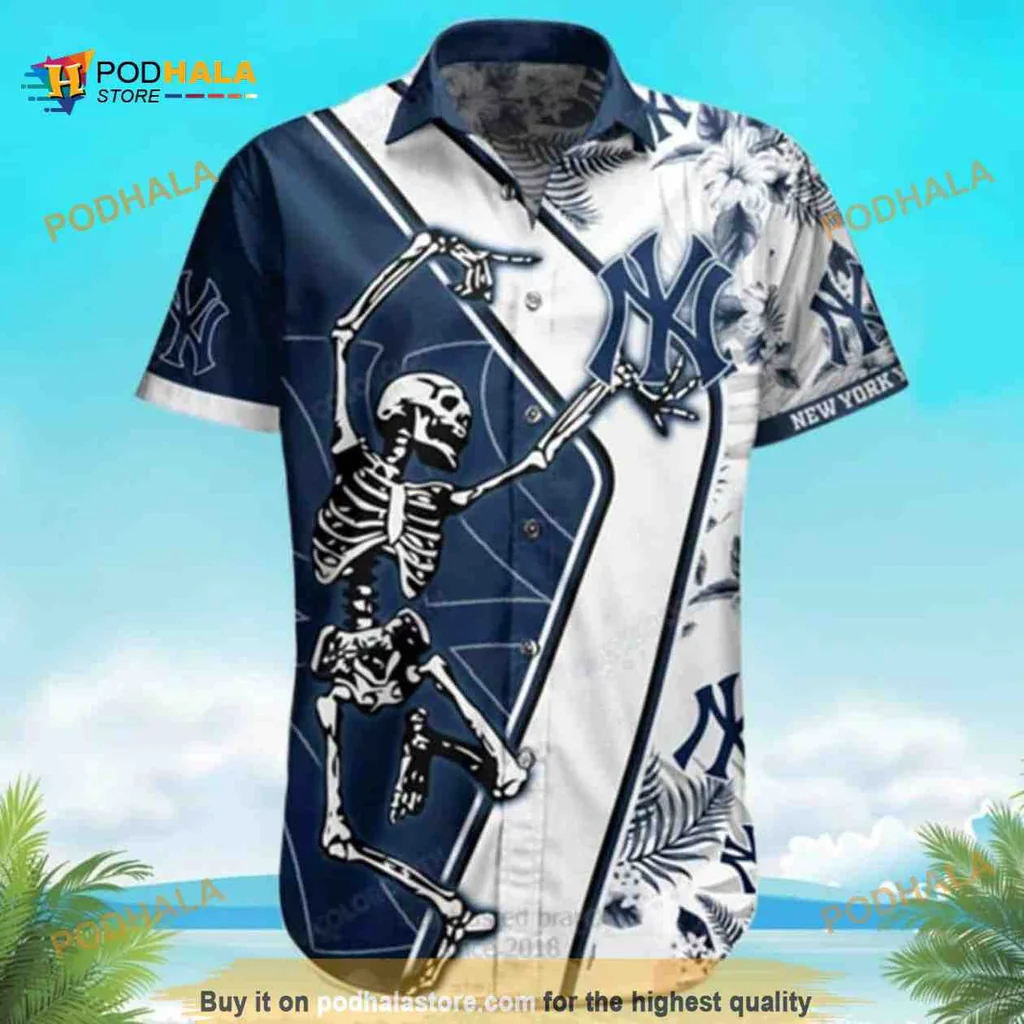 New York Yankees Skeleton Aloha Shirt With Tropical Flower Design