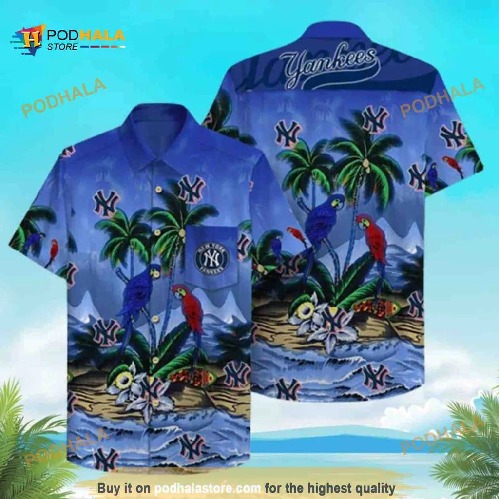 New York Yankees Tropical Aloha Shirt With Colorful Parrots And Palm Trees