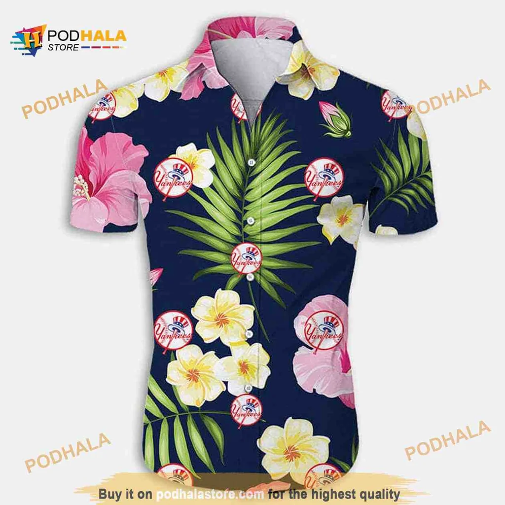 New York Yankees Tropical Aloha Shirt With Hibiscus And Plumeria Flowers