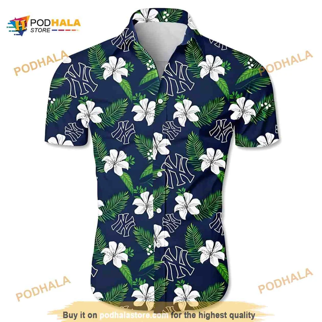 New York Yankees Tropical Aloha Shirt With Hibiscus Flowers And Palm Leaves