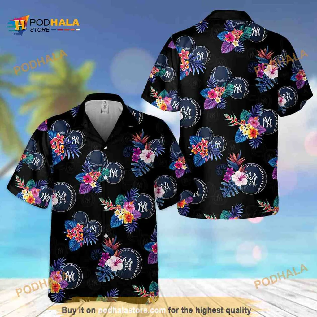 New York Yankees Tropical Flower Hawaiian Shirt With Dark Floral Pattern