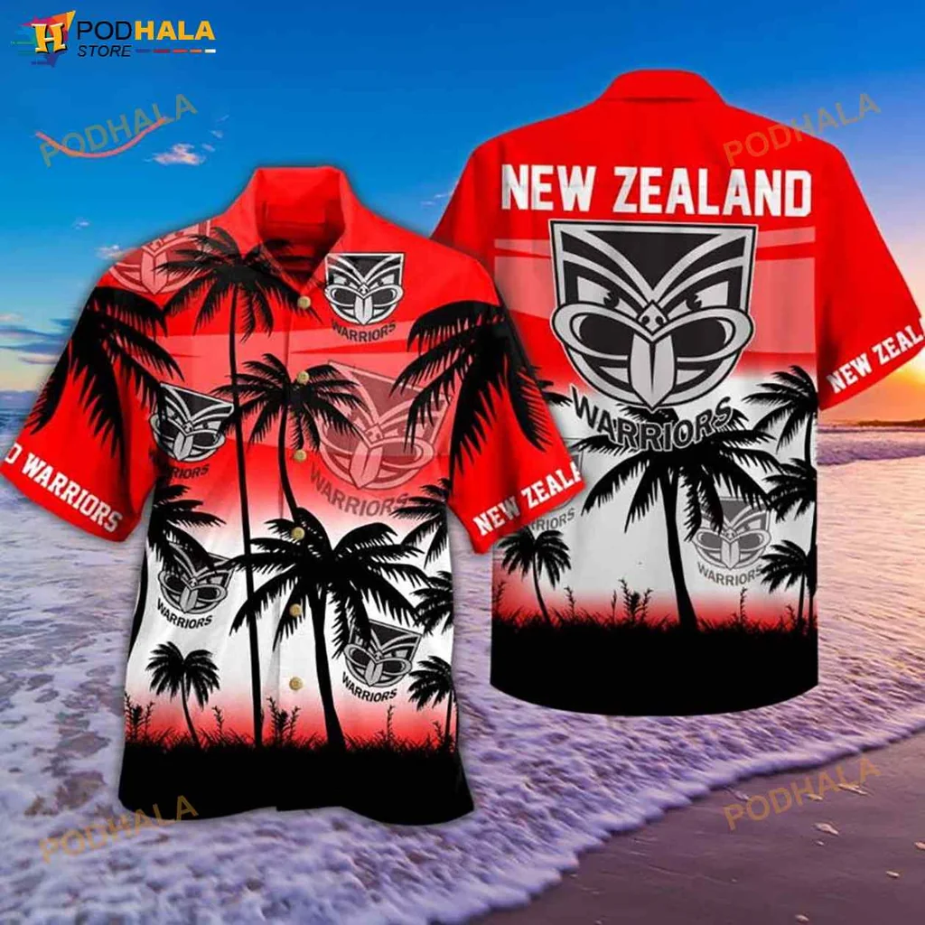New Zealand Warriors Hawaiian Shirt, Vibrant Red And Black Tropical Design