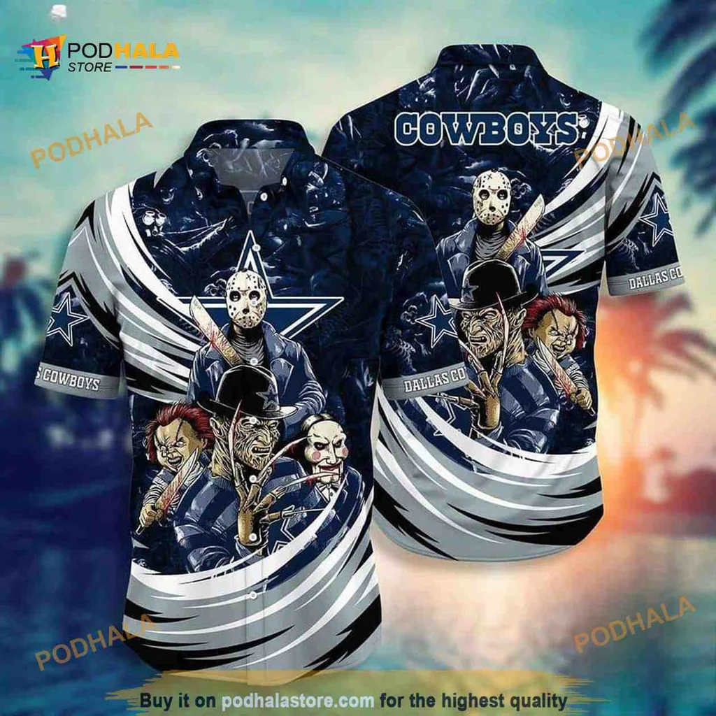 Nfl Cowboys Halloween Horror Aloha Shirt With Iconic Characters