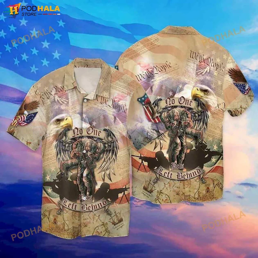 No One Left Behind Hawaiian Shirt Featuring Eagle And Soldier Design