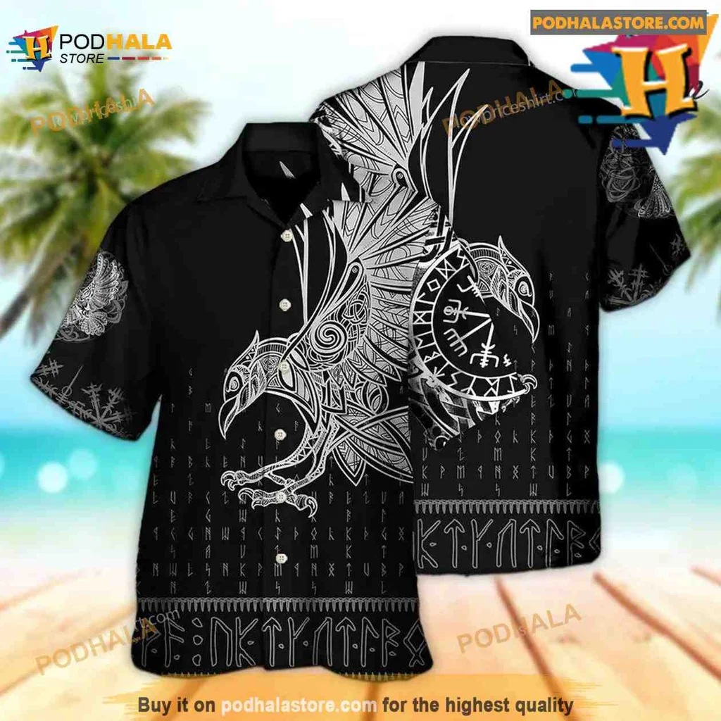 Norse Mythology Raven Aloha Shirt, Tropical Viking Design Norse Mythology Raven Aloha Shirt, Tropical Viking Design