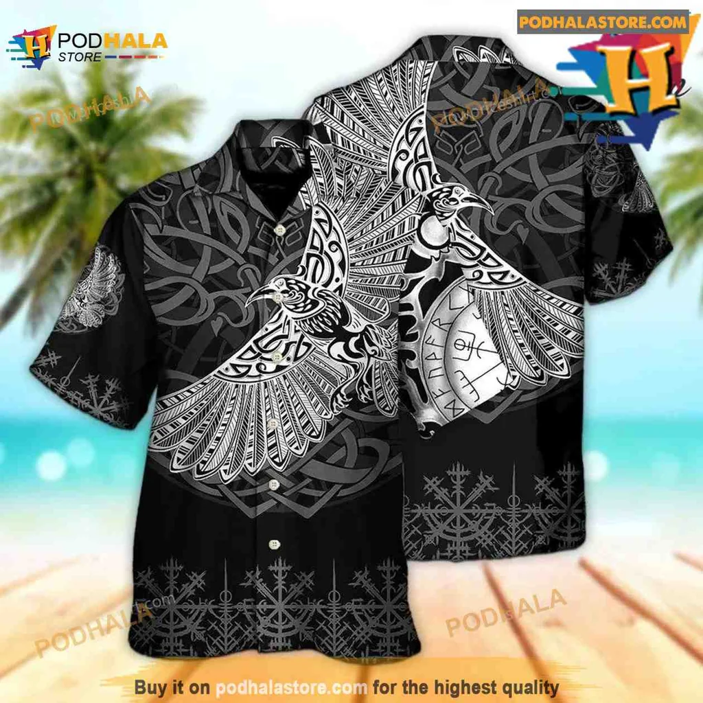 Norse Raven Aloha Shirt, Intricate Viking Design With Norse Symbols Norse Raven Aloha Shirt, Intricate Viking Design With Norse Symbols