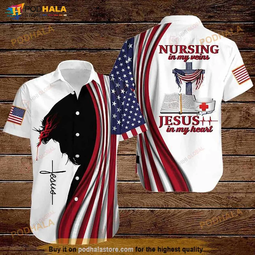 Nursing Jesus American Flag Hawaiian Shirt, Faith And Pride In One Design