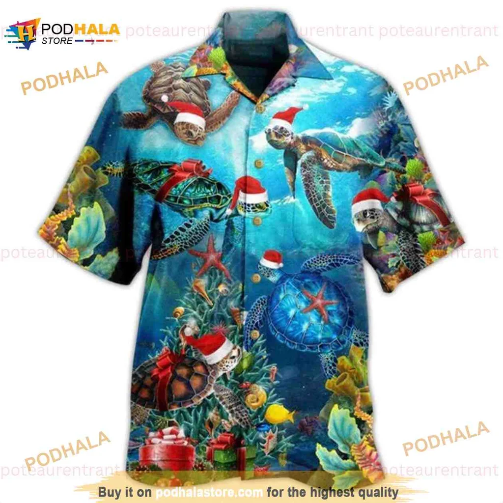 Ocean Turtle Christmas Hawaiian Shirt With Santa Hats And Coral Design