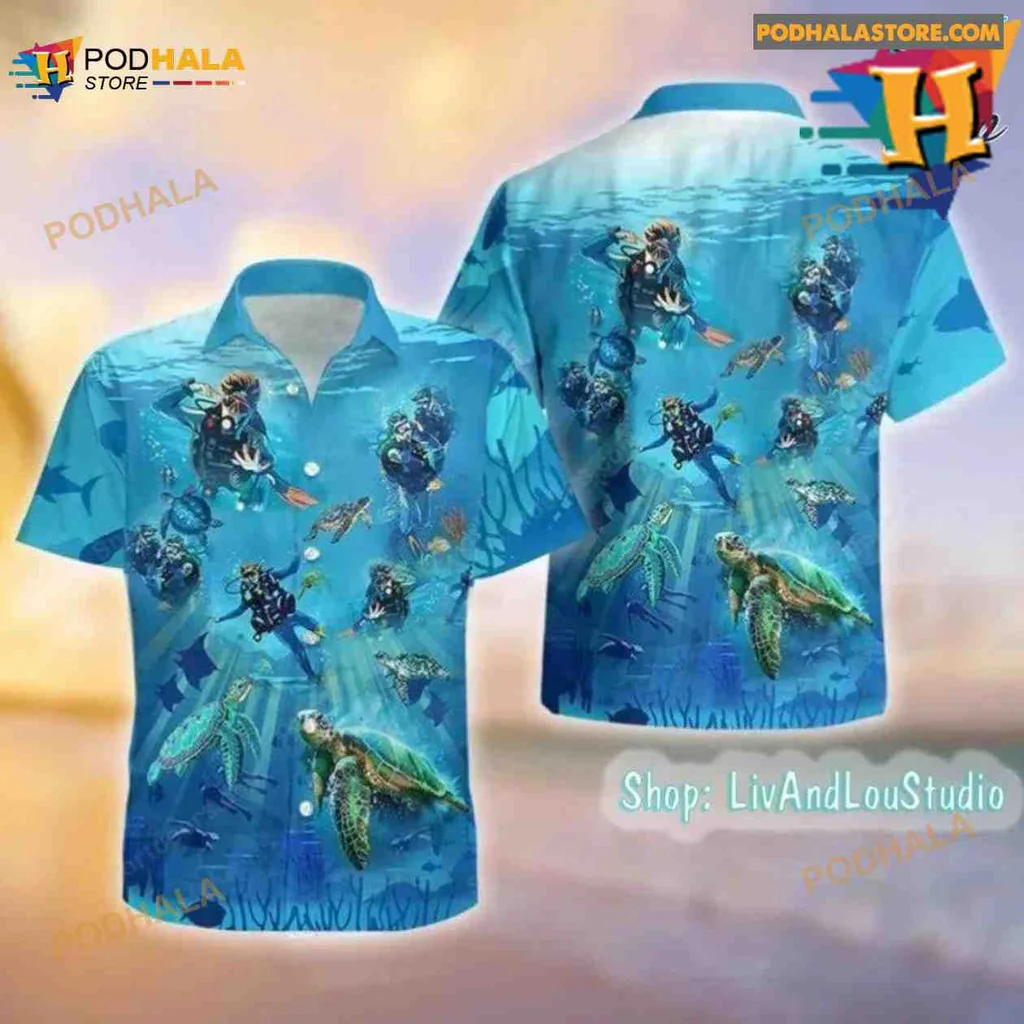 Ocean Turtle Tropical Hawaiian Shirt With Scuba Divers And Vibrant Colors