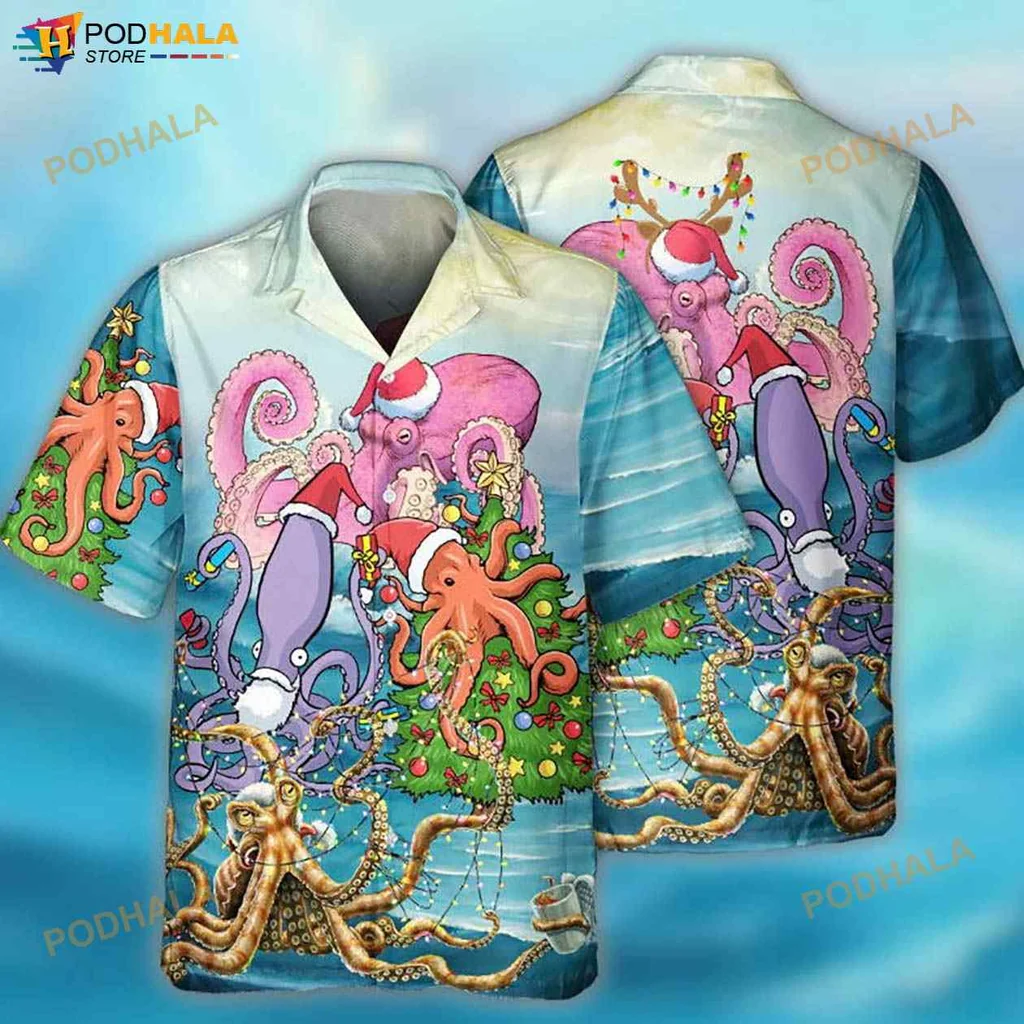 Octopus Christmas Hawaiian Shirt With Santa Hat And Festive Design