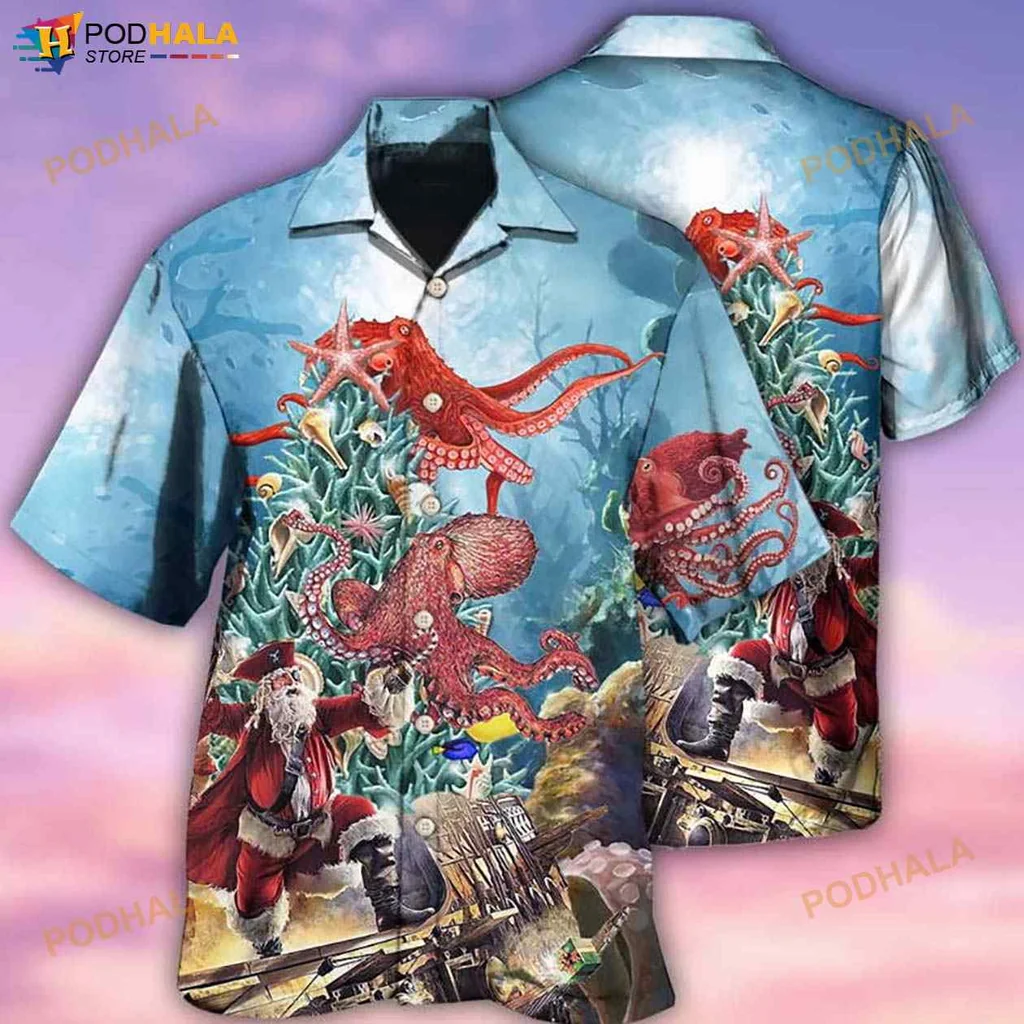 Octopus Santa Christmas Hawaiian Shirt, Fun And Colorful Underwater Design