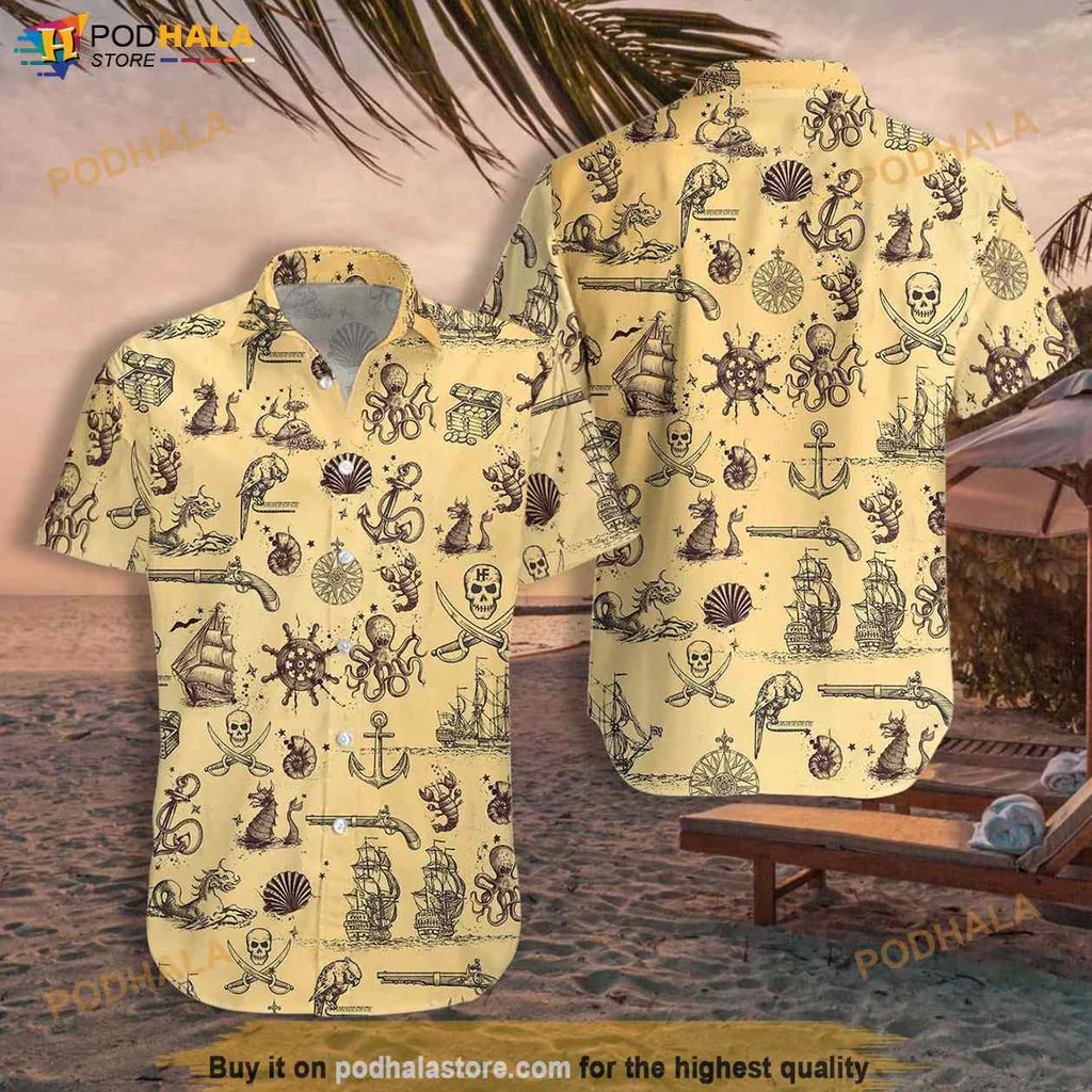 Octopus Skull Funny Hawaiian Shirt With Nautical Symbols And Pirate Hat
