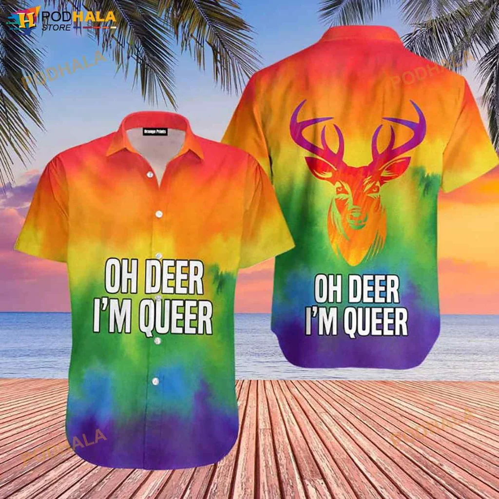Oh Deer Im Queer Hawaiian Shirt With Rainbow Tie Dye Design