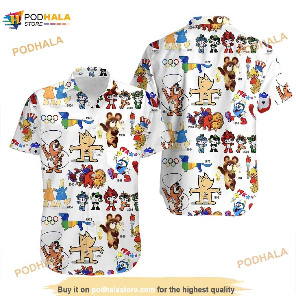 Olympic Mascots Hawaiian Shirt Featuring Cartoon Bear And Colorful Designs