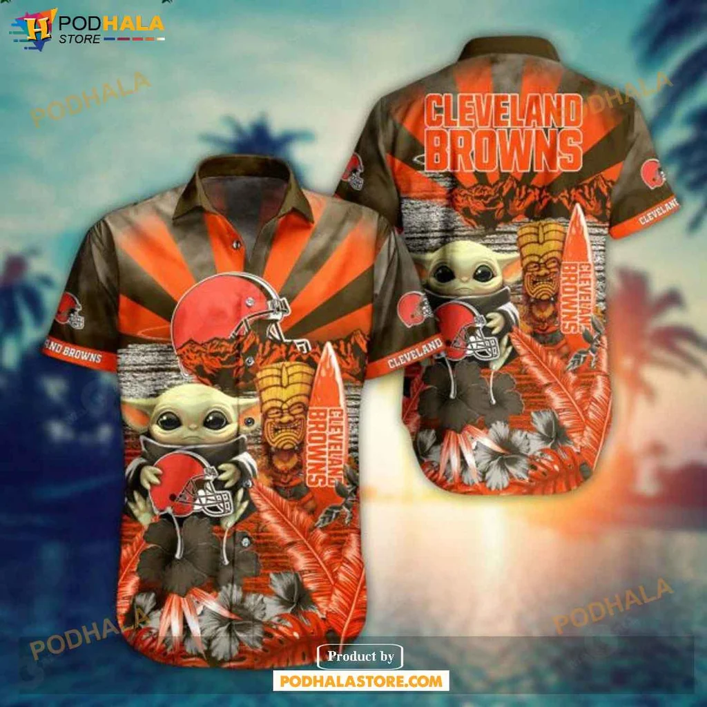 Orange Baby Yoda Hawaiian Shirt, Cleveland Browns Design With Football And Tropical Motifs