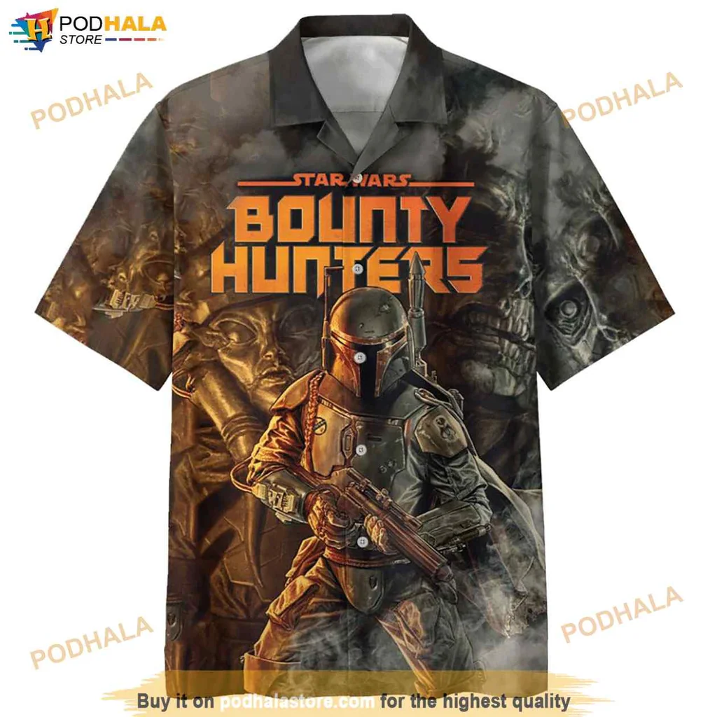 Orange Bounty Hunters Hawaiian Shirt Featuring Star Wars Dark Armored Character
