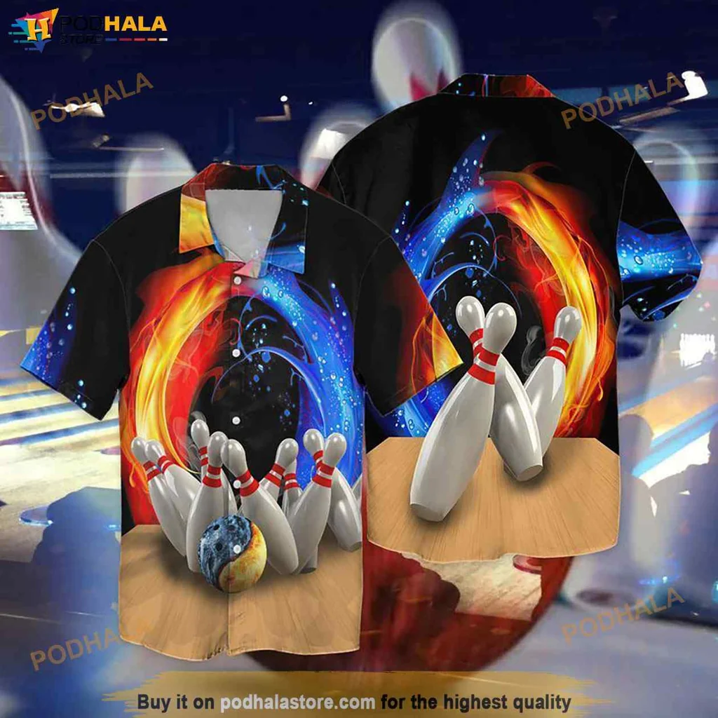 Orange Bowling Fan Hawaiian Shirt, Vibrant Bowling Pins And Ball Design