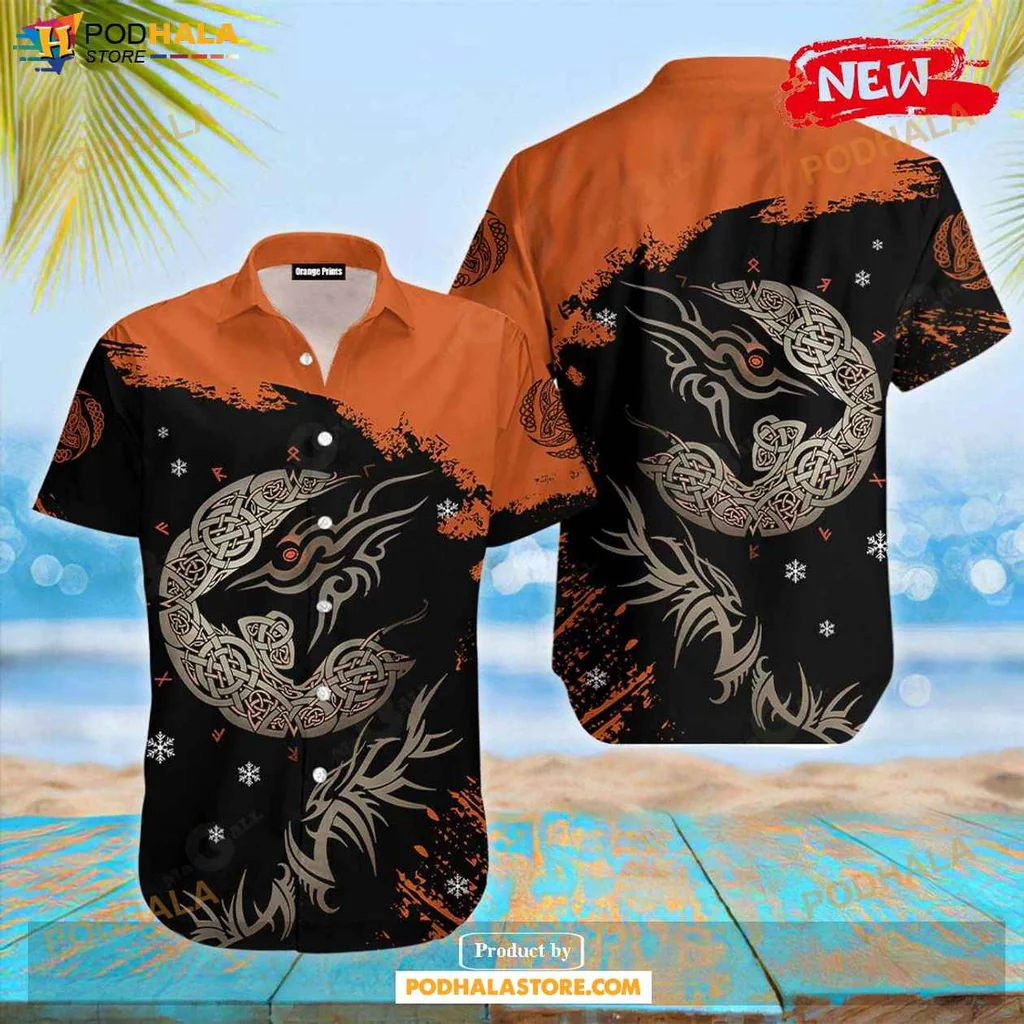 Orange Fenrir Wolf Hawaiian Shirt, Fiery Tribal Design For Summer Adventures
