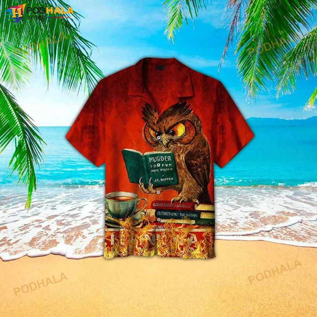 Owl Reading Book Hawaiian Shirt, Funny Red Aloha Shirt For Book Lovers