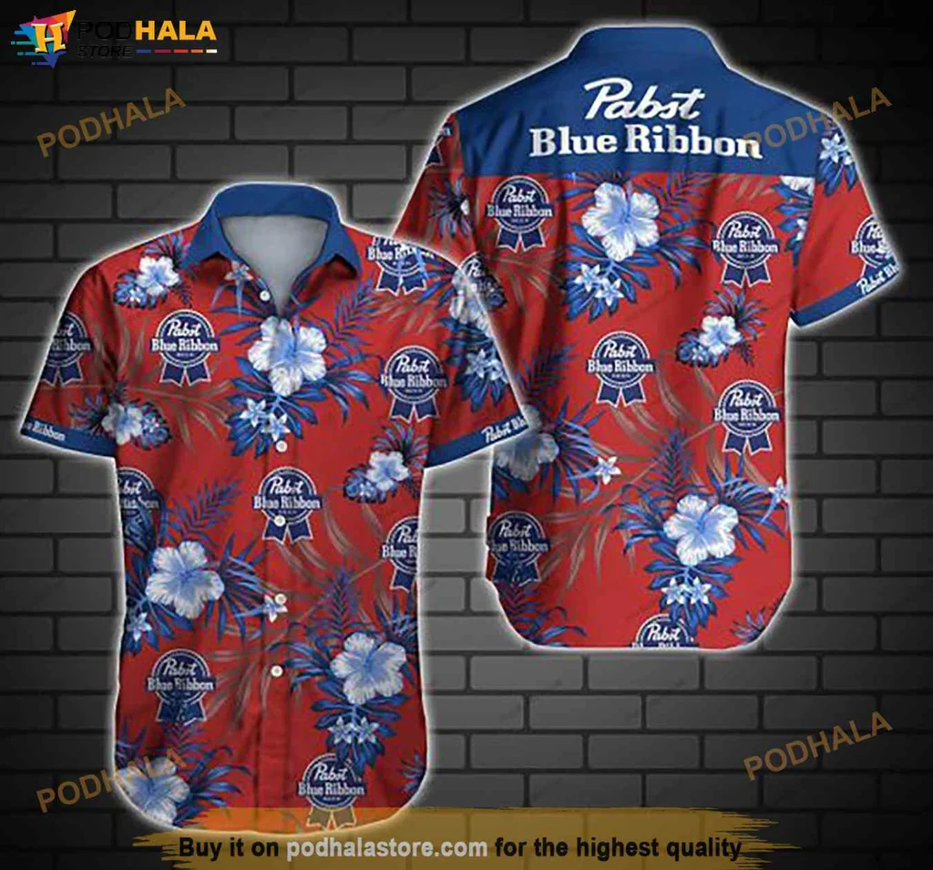 Pabst Blue Ribbon Aloha Shirt With Hibiscus Flowers And Tropical Vibe
