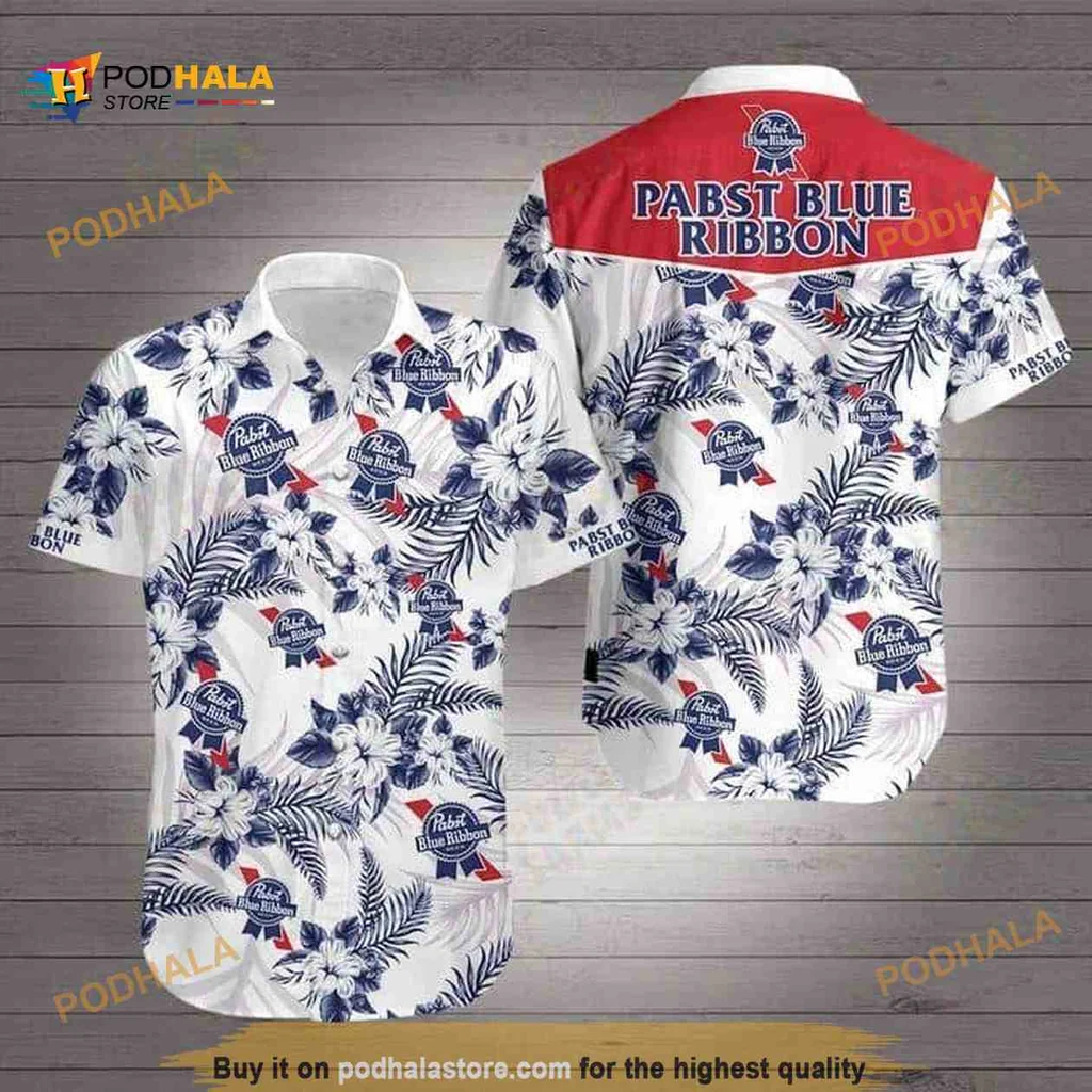 Pabst Blue Ribbon Aloha Shirt With Tropical Flower Pattern