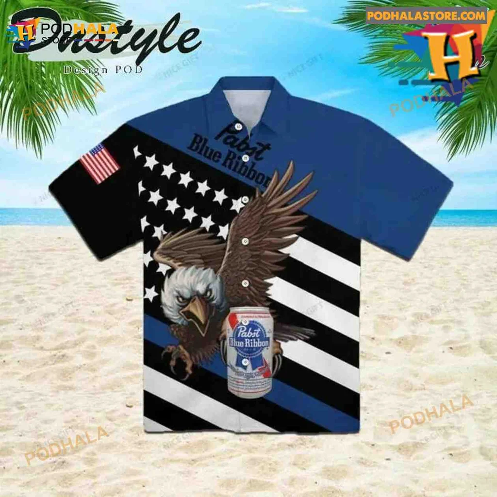 Pabst Blue Ribbon Eagle Hawaiian Shirt With American Flag Design