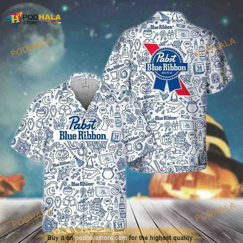 Pabst Blue Ribbon Halloween Aloha Shirt With Fun Doodle Art