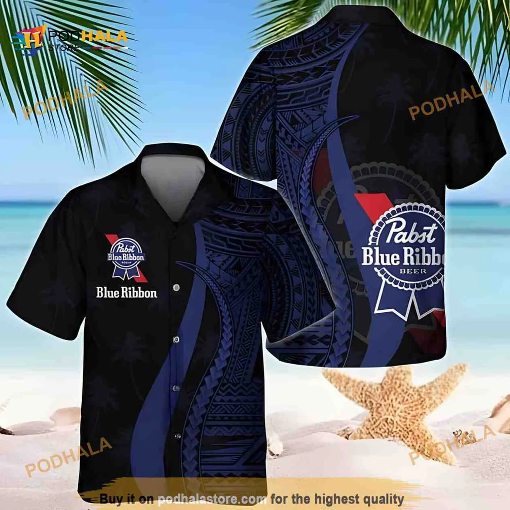 Pabst Blue Ribbon Hawaiian Shirt, Blue Polynesian Pattern Aloha Shirt