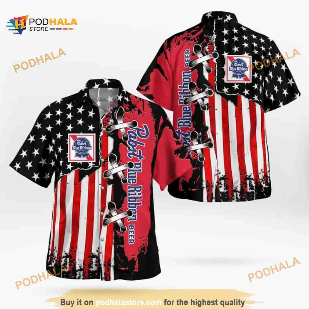 Pabst Blue Ribbon Hawaiian Shirt Featuring American Flag Design