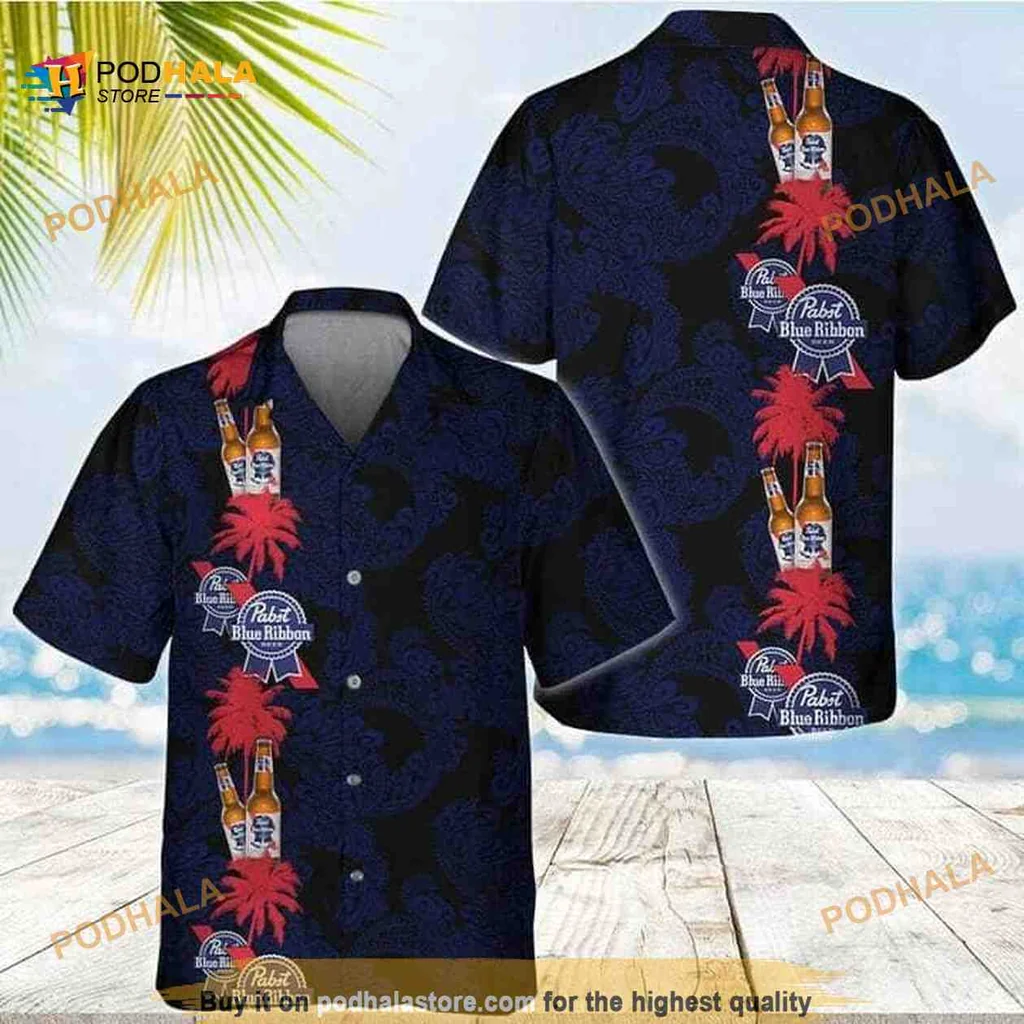 Pabst Blue Ribbon Hawaiian Shirt Featuring Beer Bottles And Palm Trees